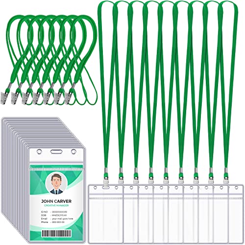 100 Pieces Lanyards with Id Holder Badges Name Tags Lanyards with Bulldog Clip and 100 Pieces Waterproof Clear Plastic Vertical Name Tag Badge ID Card Holders (Dark Green)