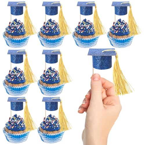 Rsstarxi 24 Pack 2025 Graduation Cap Cupcake Toppers with Tassel Congrats Grad Cap Class of 2025 Graduation Party Decorations for 2025 School Graduate Party Cake Decorations Supplies Blue Gold