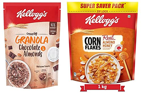 Image of Kellogg's Crunchy Granola Chocolate & Almonds, Multigrain Flakes,450g + Corn Flakes Real Almond Honey, High in Vitamin B1,B2,B3,B6 & C and Iron, Naturally Cholesterol Free, 1 kg Pack Breakfast Cereals
