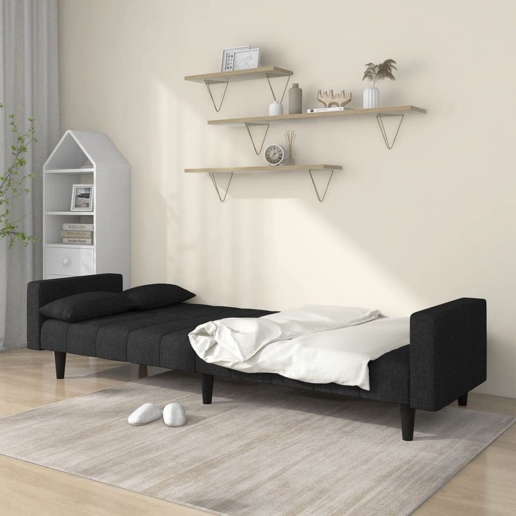 Sofá cama de 2 plazas de tela negra con 2 almohadas, 220 x 84,5 x 69 cm, sofá y cama 2 en 1, muebles tapizados robustos para salón, habitación de invitados, relajación y asiento cómodo