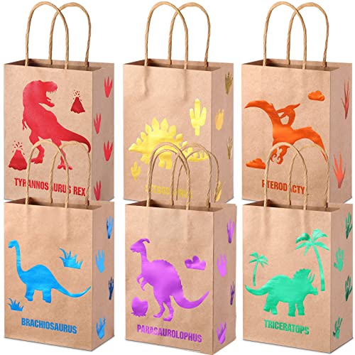 Pajean 24 Pcs Dinosaur Candy Bags with Handle, Dinosaur Party Favor Paper Bags Kids Gifts Goodie Treat Wrapping for Boys Girls Dino Theme Birthday Baby Shower Party Supplies(Lovely Style)