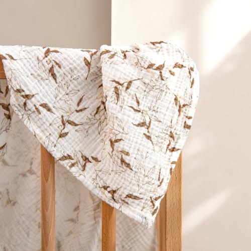 Image of lulumoon Muslin Swaddle Blankets for Baby: Cotton & Soft Receiving Blanket for Newborn with Branche Printed- Neutral Gift for Baby Shower 2pack(Olive Branche)