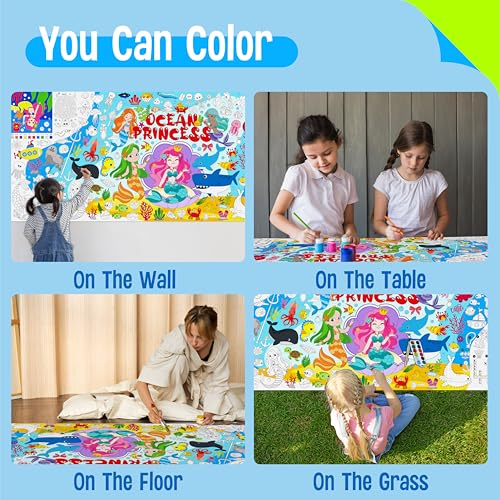Image of Mermaid World Coloring Poster, Large Coloring Activity Paper 75 inch x 31 inch Jumbo Size Ocean-themed Paper DIY Painting Drawing Banner /Tablecloth for School, Wall Decor