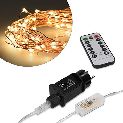 Preisvergleich Produktbild kwmobile LED Draht Lichterkette 30m - Strombetrieb - Warmweißes Licht - Lichterdraht mit Fernbedienung und 300 LEDs - Deko Leuchtdraht in Kupfer
