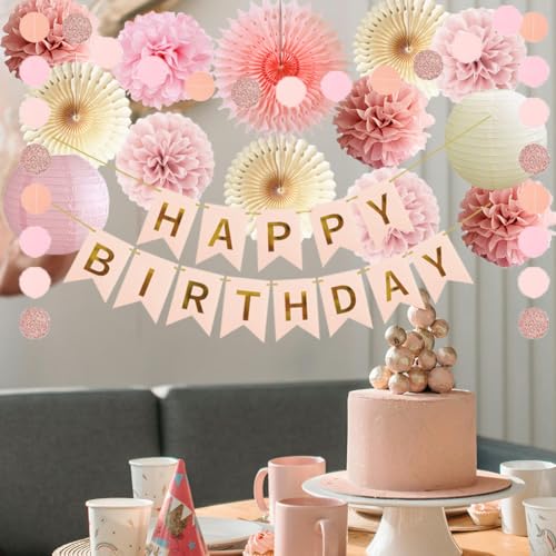 Geburtstagsdeko Mädchen Frauen Geburtstag Party Deko Rosa Beige Seidenpapier Pom Poms Happy Birthday Girlande Boho Blush Rosa Party Deko