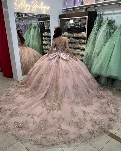 Mauuwy Gold Appliques Quinceanera Dress Ball Gown Beaded Bow 15 Years Dress Quinceañera Off Shoulder Vestidos De 15 Años2