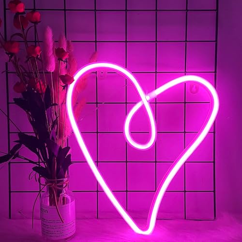 Image of ENUOLI Love Heart Neon Signs Pink Heart LED Night Light for Wall Decor Gift | Battery /USB Operated Love Neon Lights Retro Lamp Heart Night Lights for Valentine,Party,Wedding,Christmas,Bar Art Dorm Decor