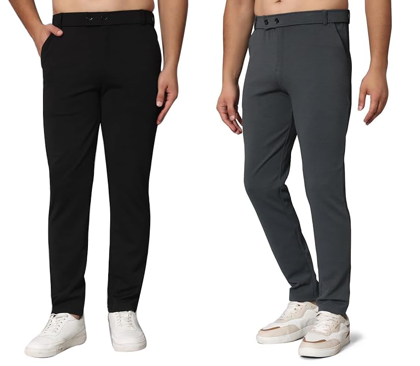 Image of Mehrang Men's Slim Fit Dress Pants, Formal Trousers with Side Pockets, (Pack of 2)