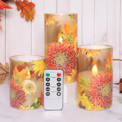 Image of Flameless Candles Chrysanthemum Decal with Remote & Timer - Real Wax Flickering Battery Operated Candles - Home Farmhouse Holiday Spring Decorations - Set of 3