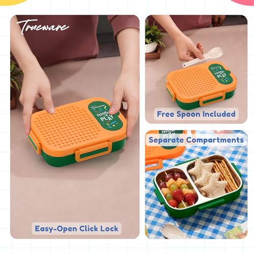 Image of Trueware BRIX Fun Food and Play 304 Stainless Steel PU Insulated Lunch Box with Two Compartment BPA Free, Food Grade Ideal for School, Picnic, Office & Outdoor - 540ml