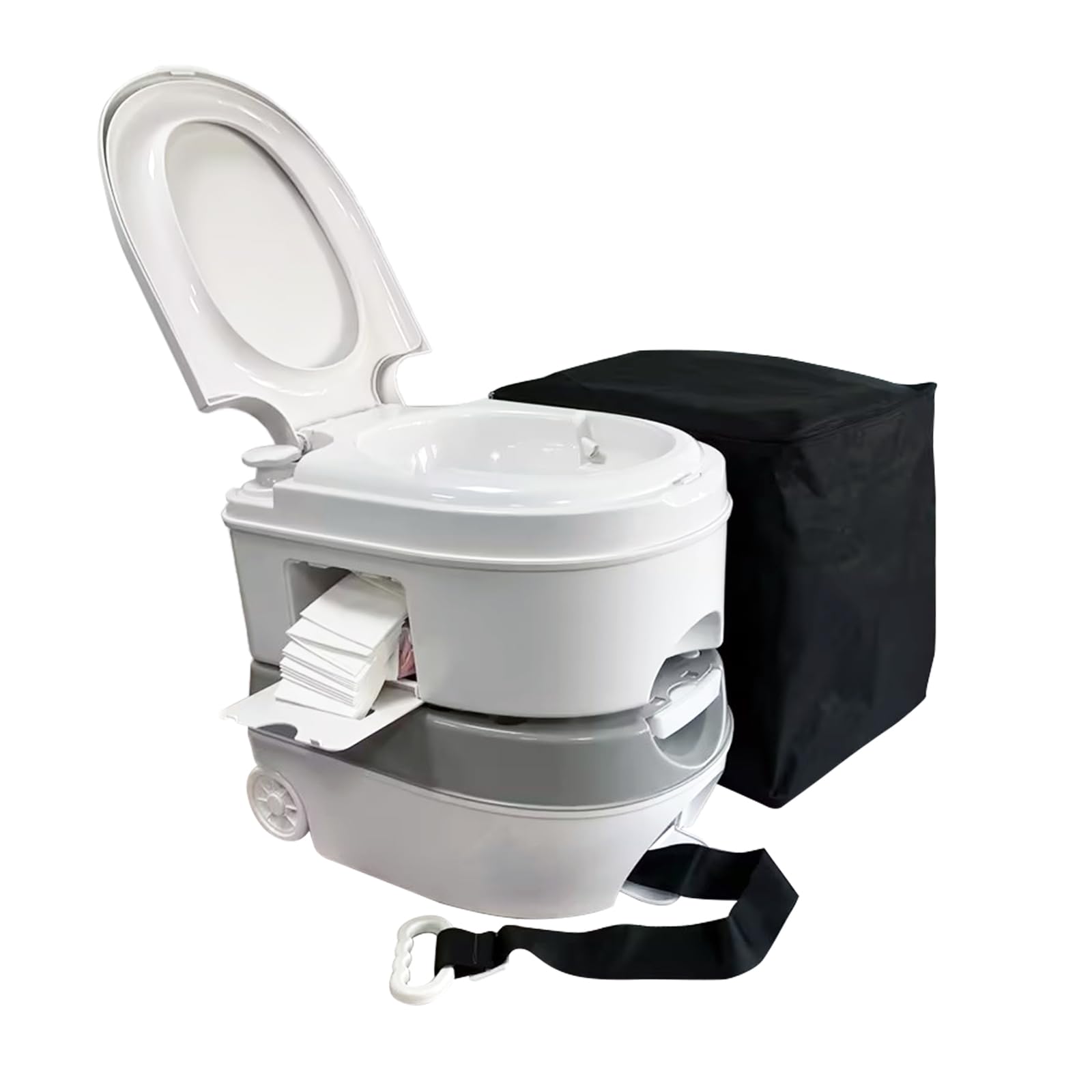 Tragbare Chemie Camping Toilette, 24 Liter Fassungsvermögen Leicht zu ziehen, 44×42×35 cm, Mit Staubbeutel, Outdoor Garden Toilet, Weiß/Grau