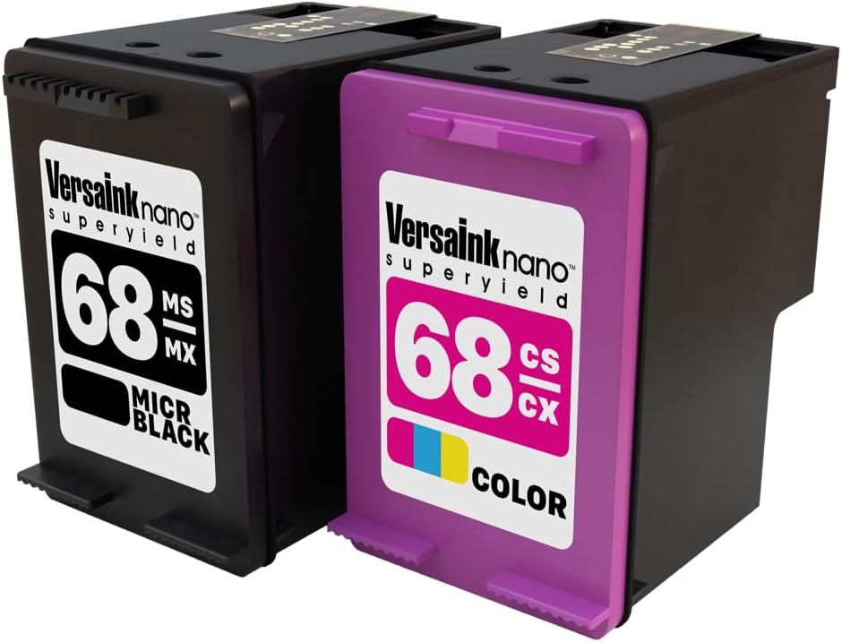 VersaInk-Nano 68 MS MICR Black & 68 CS Tri-Color Cartridges for Check Printing - Value Combo - Compatible with HP Envy 6152e, 6155e, 6552e, 6555e, 6558