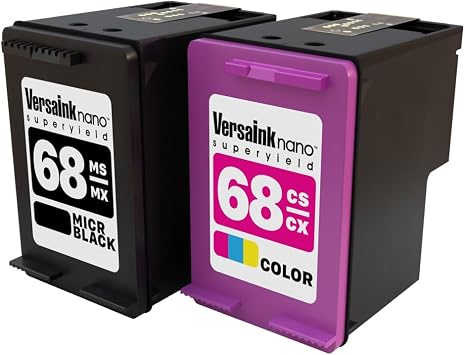 VersaInk-Nano 68 MS MICR Black & 68 CS Tri-Color Cartridges for Check Printing - Value Combo - Compatible with HP Envy 6152e, 6155e, 6552e, 6555e, 6558