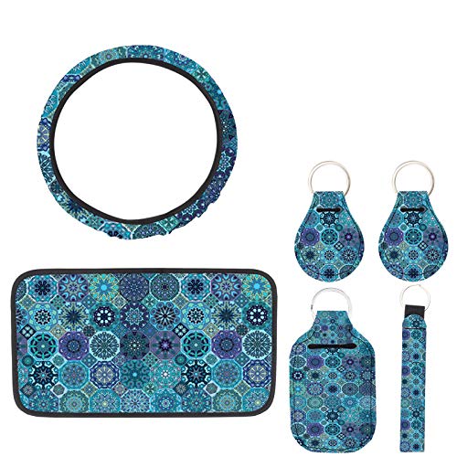 6 PCS Vintage bohemian Car Accessories, Bohemia for Steering Wheel Cover,Vehicle Center Console Armrest Cover Pad,Bohemian Hand Sanitizer Keychain,2PCS Quarter Holder Keychain,Wristlet Keychain