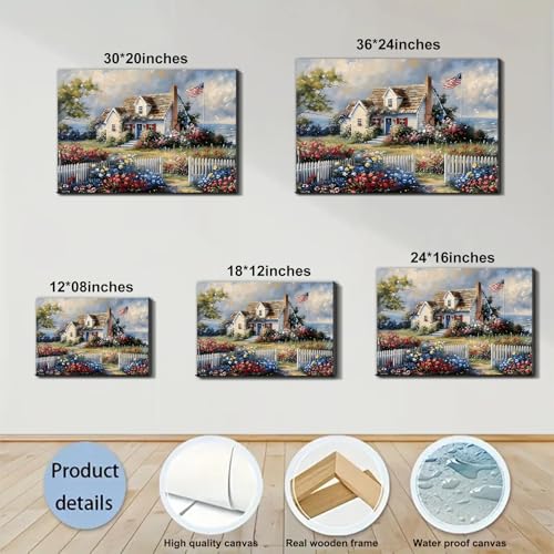 Image of Framed American Flag Coastal Cottage Wall Art, Patriotic Seaside House Canvas Art Pictures, USA Flag Floral Garden Wall Decor, Made in USA Ready to Hang for Living Room Entryway