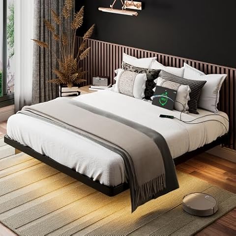 iPormis Full Size Floating Bed Frame with Charging Station and Led Light, Platform Metal Bed Frame with Heavy Duty Steel Slats Support, No Box Spring Needed, Noise-Free, Easy Assembly, Black Cover