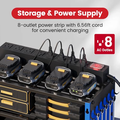 Image of 53 inch Power Tool Organizer Wall Mount with Power Strip,Blue Heavy Duty Metal Tool Shelf, 400lbs Capacity for Cordless Drills, Batteries & Garage Storage (12 Slots with 8 Outlets Power Strip)