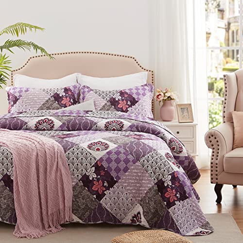 King Size Quilt Set 3 Pieces Lightweight Reversible Bedspread-98''x106'' Soft Patchwork Floral Coverlet Luxurious Warm Microfiber Bed Cover All Seasons Purple Bedding Set(1 Quilt,2 Pillow Shams)