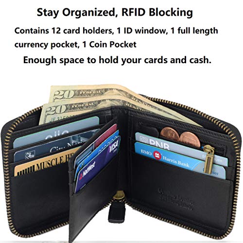 Genuine Leather Zipper Wallet With Coin Pocket, RFID Blocking Zip Around Front Pocket Bifold Wallet, Gift for Men3