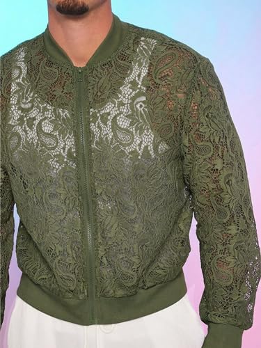 Image of WDIRARA Men's Floral Lace Bomber Jackets Long Sleeve See Through Outerwear | Zip Up Coats, Sexy, Sheer, Party, Concert Outfit