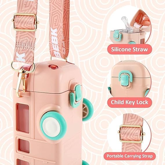 Image of Zollyss Kids Water Bottle with Straw, Cartoon Bus Design, 500ml Capacity, One-Button Press Lock (Pink)