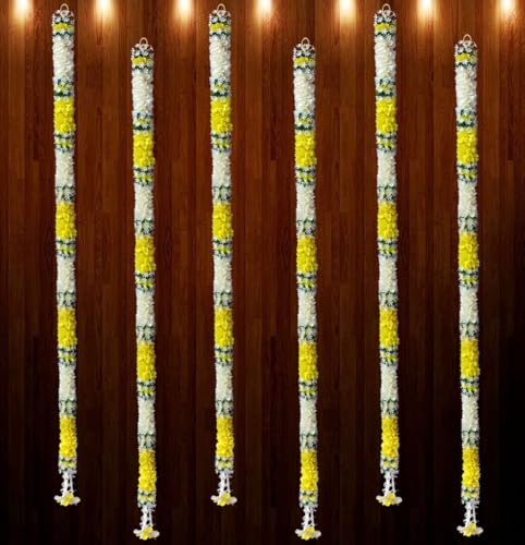 Image of Tia Crafts Artificial White Gajra Jasmine & Colourful Flower Strings for Wedding Decorations, Event Decor Perfect for Diwali, Ganpati & Pooja /Temple /Mandir Decoration, 5ft (6, Yellow -5ft), 20 cm