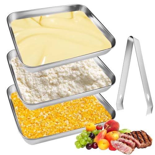 3 Stück Panierstraße Edelstahl, 25x19x5cm Panierschalen Set, Schale zum Panieren, Panierstraße Schnitzel Panier-Set, Multifunktionale Edelstahl Schale Rechteckig für Fisch, Fleisch, Gemüse