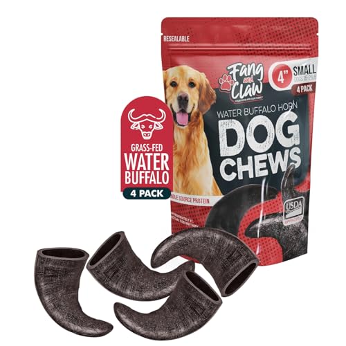 Water Buffalo Horn Dog Chew 4 Pack - Small 4 - All Natural Free Range Grass Fed Single Source Protein - No Chemicals Additives Hormones - Long Lasting Good for Aggressive Chewers by Fang & Claw