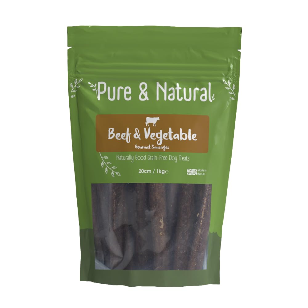 Pure & Natural Beef & Vegetables Dog Sausages 1kg - 20cm High-Protein Grain-Free Meat Treats for Training & Rewards - Delicious Natural Hypoallergenic Snack - Made in Britain