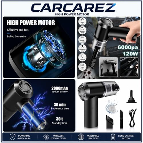Image of 7 PCS Car Cleanig Kit with 3-in-1 Mini Vacuum Cleaner, Microfiber Cloth,Big Duster,Car Cleaning Anti-Fog Spray,Wheel Brush,AC Vent Brush&Interior Cleaning for velar,Truck