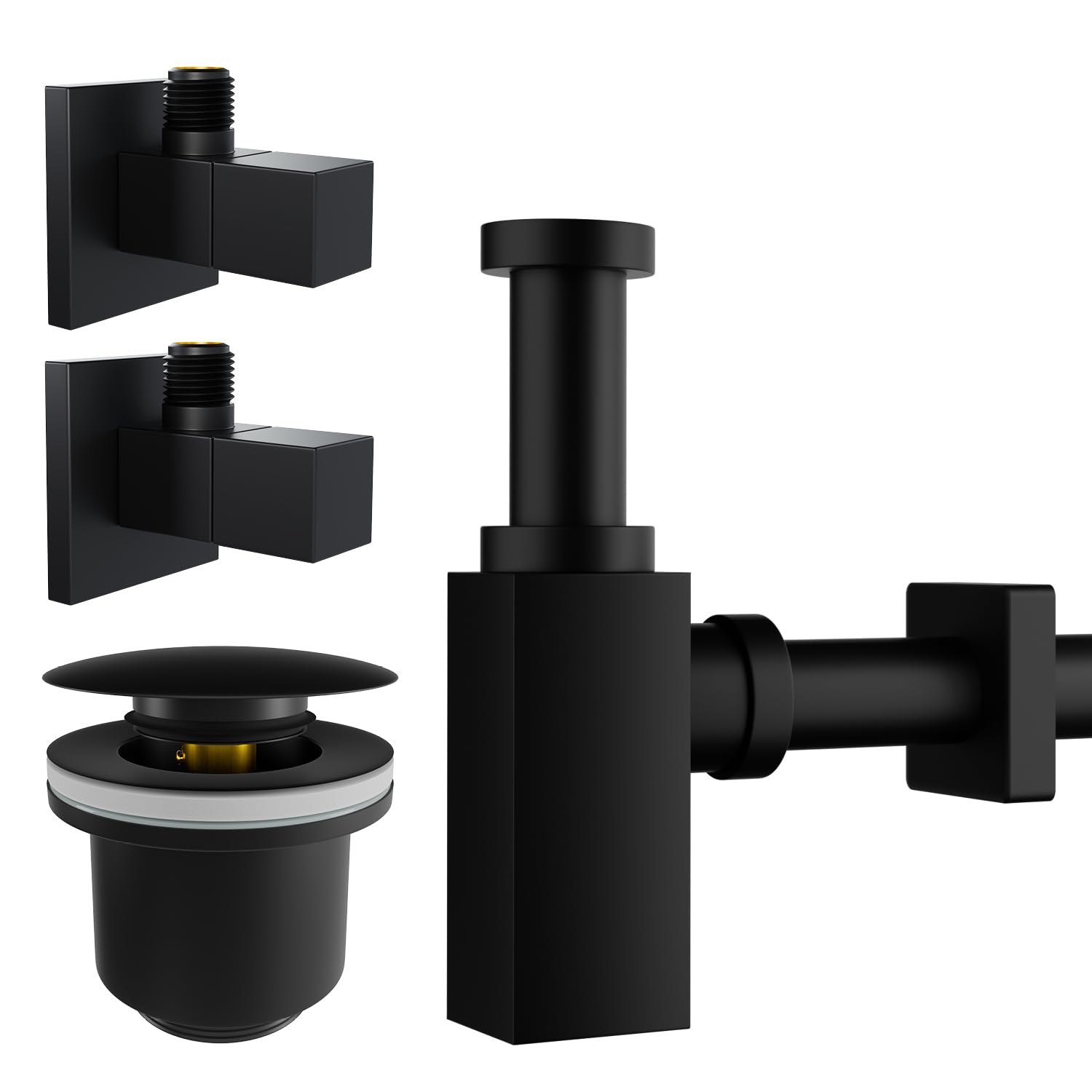 kör4u Juego de sifón de 1 1/4" x 32 mm, válvula emergente y 2 válvulas angulares, válvula de desagüe con juntas, para lavabo, color negro