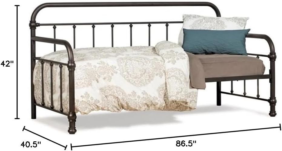 BOWERY HILL Contemporary Metal Twin Daybed, Dark Bronze Finish, Heavy Gauge Tubular Steel, Stylized Pipe Fittings and Bun Feet, Mattress-Ready with Slats, 42H x 86.5L x 40.5D, Industrial Bedroom