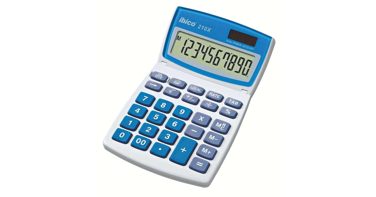 Rexel Ibico 210X Desktop Calculator (Battery and Solar Powered) Light Blue/Grey, 16.5 x 10.4 x 1.2 cm