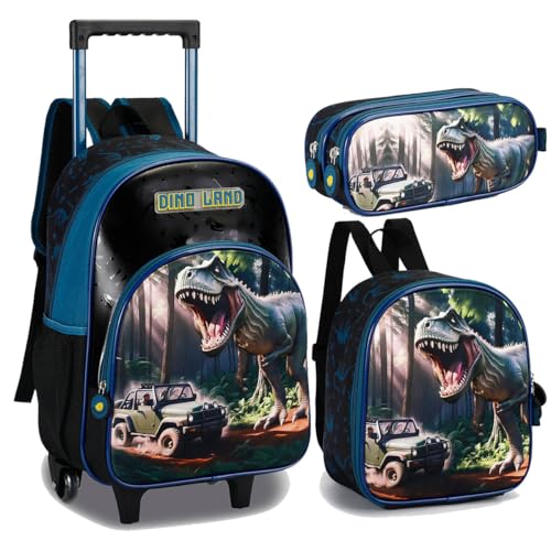 Kit Mochila Infantil Dinossauro Land Menino Lancheira Estojo (Azul)