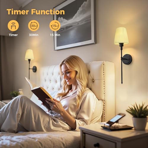Image of DORESshop Battery Operated Wall Sconce Set of 2, 10 Color Wireless Wall Light Easy to Install, Sconce Wall Decor Set of 2 for Bedroom, Living Room, Pleated Fabric Shade, Black, 24.6in