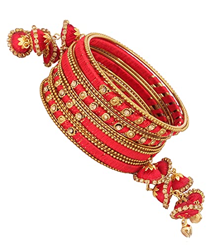 Image of NMII Metal & Silk Thread Jhumka Zircon Latkan Stylish Bangles Set For Women's and Girls | Women's Fancy Latkan Bangles Set | Ethnic Fashion Jewellery- Set of 12 Bangle, (G405 Red-2.4)