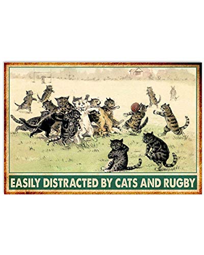 TNND Rugby Cats Easily Distracted Poster Vintage Wall Decor Home Decor Father's Day Birthday Gift Metal Signs 12X16 inch