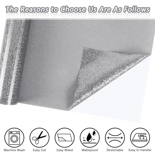 ​TORC Silver Glitter HTV Silver Heat Transfer Vinyl HTV Rolls, 12" x 6 ft Iron on Vinyl for T Shirts Silver Glitter HTV Vinyl for All Cutter Machines Easy to Cut & Weed for Heat Vinyl Design 1 Roll by TORC - Image 2