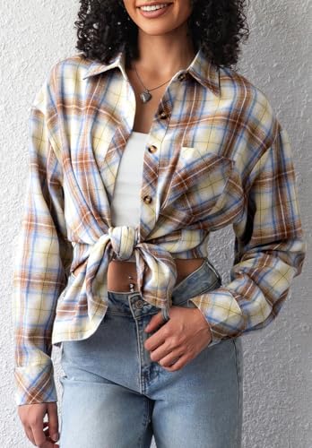 Image of CHYRII Womens Button Down Flannel Shirts Long Sleeve Plaid Shackets Business Casual Blouse Top