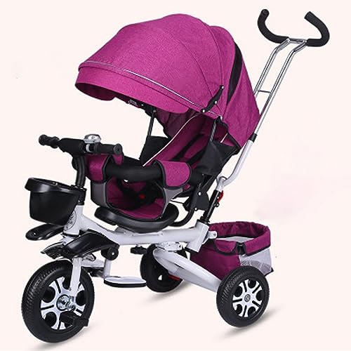 Kids Tricycle,Tricycle Stroller,Kid Stroller,4 in 1 Kids Trike,Folding Kids Tricycle Stroller with Push Handle,Removable Canopy,Rotatable Seat,Rubber Wheels,White+Purple,EVA Wheel