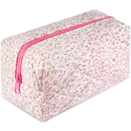 Image of URSKYTOUS Quilted Makeup Bag Floral Large Cute Cosmetic Bag Cotton Puffy Makeup Organizer Coquette Travel Makeup Pouch Aesthetic Portable Zipper Toiletry Storage Bag for Women Girls (Pink)