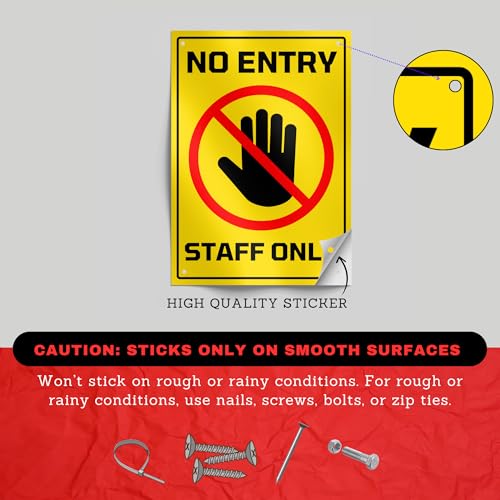 Image of No Entry Staff Only Sign Sticker Board 29 x 20 CM | Peel & Stick with 4 Pre-Made Holes | Office, Shop, Restaurant, Warehouse Door Sign | Pack of 1 (No Entry Staff Only, A4 - Medium - 1 Piece)