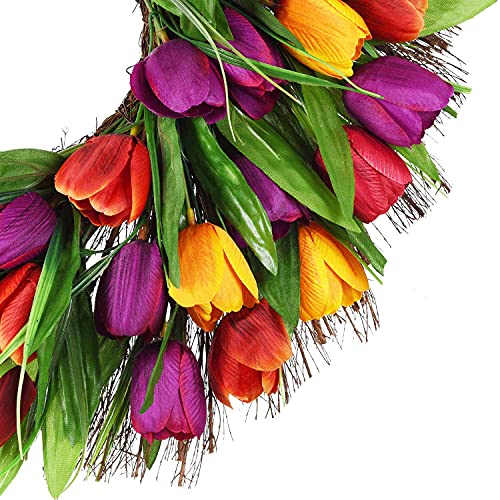 Wofair Tulip Wreath Artificial 17 Inch Tulip Wreaths For Front Door, Fake Spring Silk Flower Wreath With Green Leaves Real Sere Vines For Home Wall Wedding Office Party Fistival Welcome Decor #TOP1