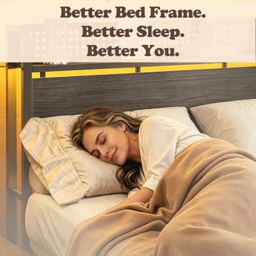 Image of Furnulem Queen Bed Frame with Headboard Storage, Platform Bed Frame Queen Size with Charging Station, 2 Drawers & LED, No Box Spring Needed, Noise Free, Easy Assembly, Rustic Grey (1200 lbs Capacity)