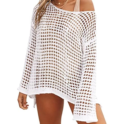Bashafo Swimsuit Coverups for Women White Cover Ups for Swimwear Long Sleeve Knit Beach Cover Up Bikini Coverup (White, S) Cover