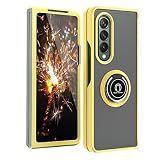 TJS Compatible with Samsung Galaxy Z Fold 3 5G Case, Impact Resistant Bumper 360 Degree Rotating Metal Ring Holder Drop Protective Phone Case Cover (Yellow)
