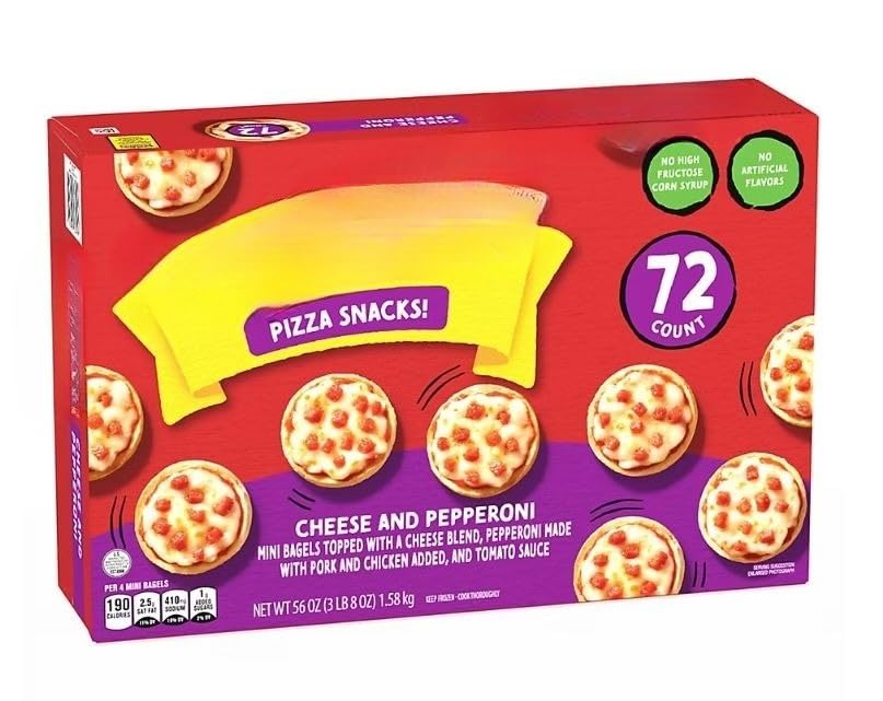 Cheese & Pepperoni Mini Pizza Bagels offer a quick and easy snack that kids love and parents can easily serve. These mini pizza are topped with cheese, and have pepperoni made with pork and chicken added, and sauce for a mouthwatering flavor that excites everyone no matter their age, they're always a hit. Try these frozen appetizers at a party or as an after school snack. plus no artificial flavors or high fructose corn syrup. Bake them in the oven or toaster oven for a crispy finish, or microwave them . 72 ct ..[ 56 oz , 3.5 lb ]