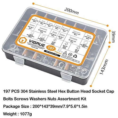 Vigrue 1/4-20 5/16-18 3/8-16 Button Head Cap Screw, Vigrue 197Pcs Sae 12 Sizes Hex Cap Bolts Flat Washers Nuts Assortment Kit Machine Screws Set thumb #6