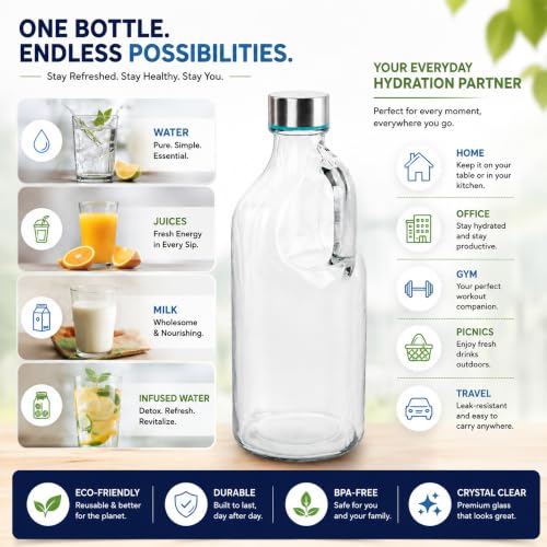 Image of Clear Airtight Glass Milk, Juice & Water Bottle with Leak Proof Lid for Refrigerator, Set of 2, 1000ml (Transparent)
