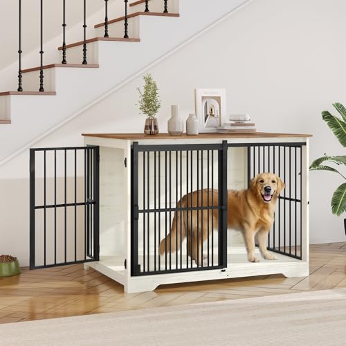 Hzuaneri Hundekäfig Möbel, 110 cm Hundebox, 2 Türen, Moderne Hundekäfig Indoor für Kleine/Mittlere/Große Hunde, Beistelltisch, Verstärkte Schiebetür, 110 × 65 × 81 cm, Weiß Braun DFC84414B